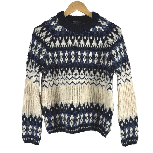 Scotch Soda Fair Isle Knit Crewneck Sweater Blue Cream Wool Blend Size S - Picture 2 of 16